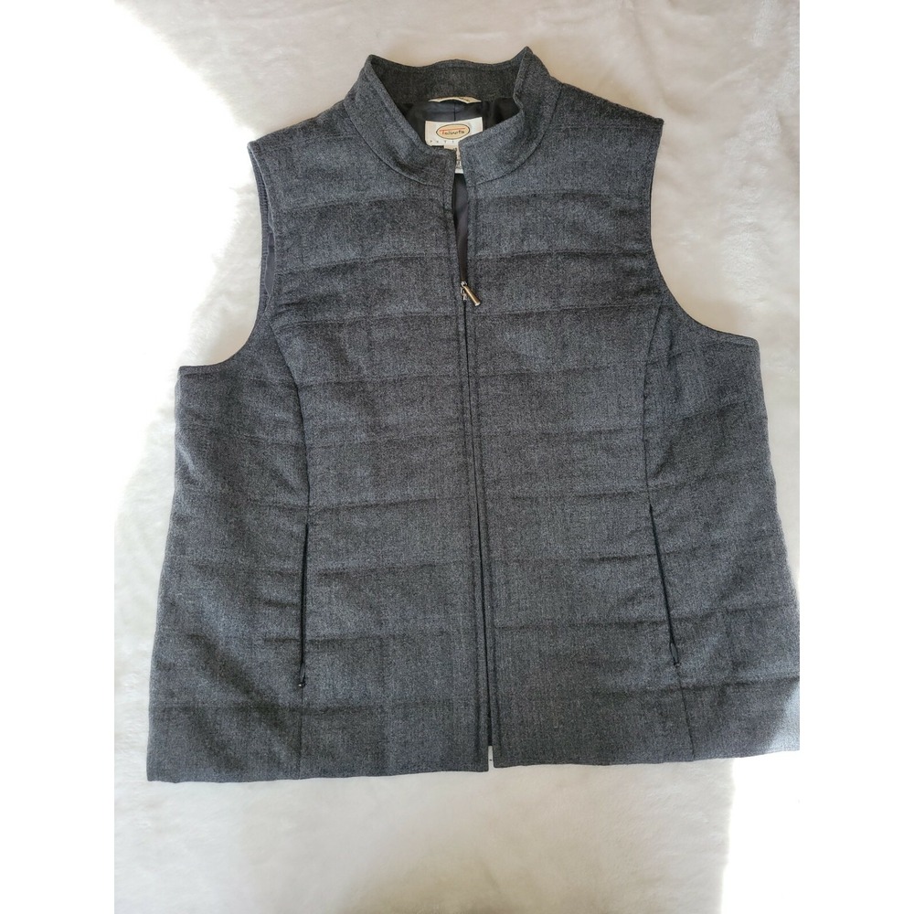 Talbots Petite Puffer Vest Charcoal Gray Zip Front Stand Collar Wool Blend Sz 10
